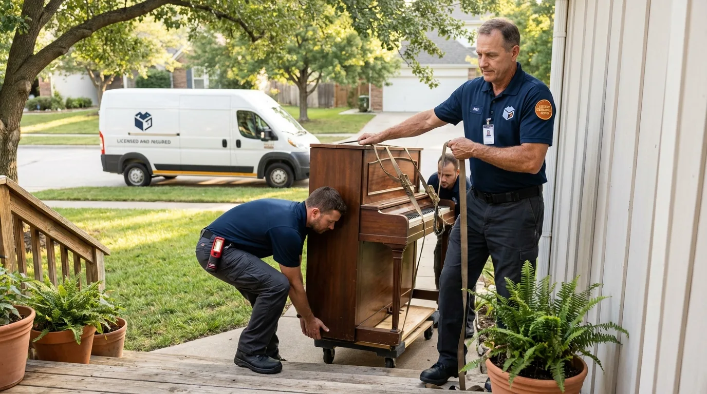 Licensed piano movers securing grand piano in Milbridge, ME
