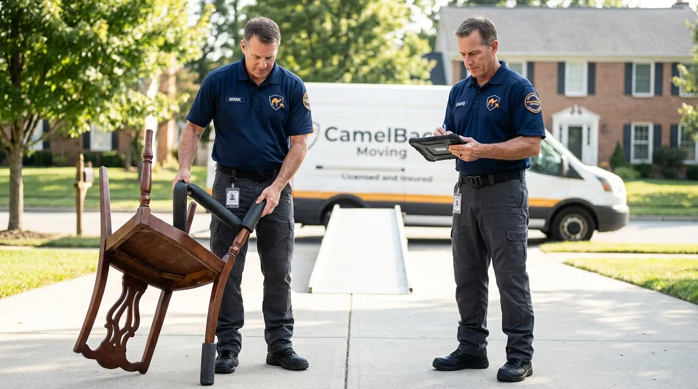 Movers inspecting furniture for damage prevention before loading in Milbridge, ME