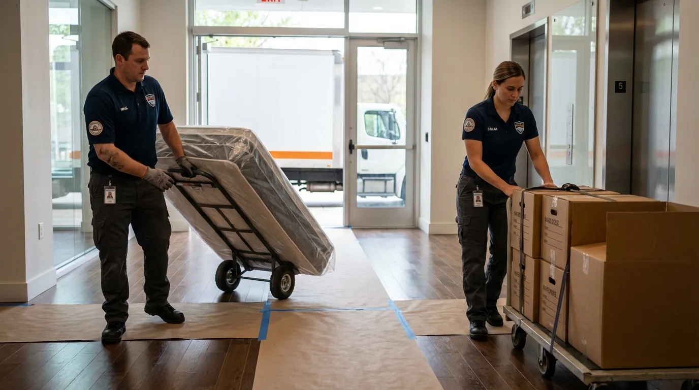 Professional apartment movers loading elevator in Milbridge, ME