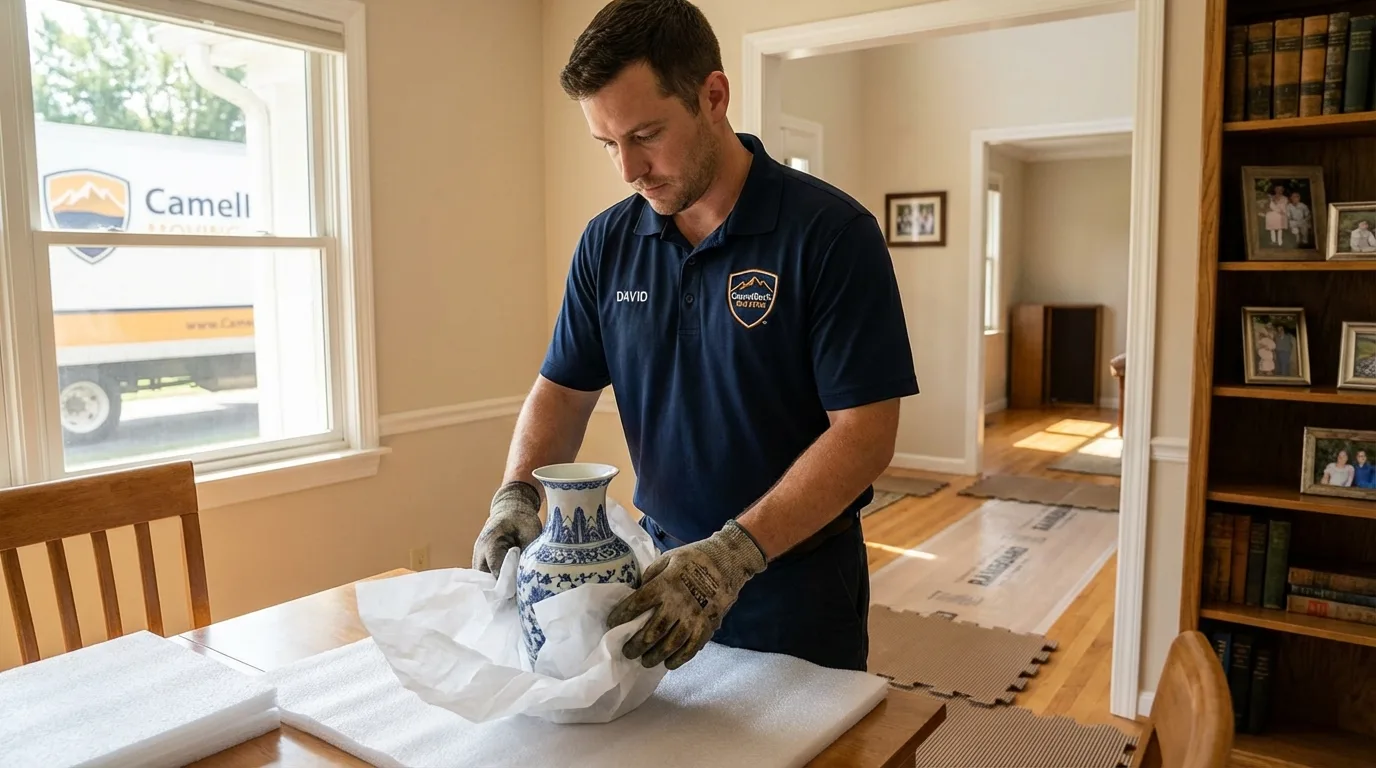 Professional crew carefully wrapping antique vase for senior downsizing move in Milbridge, ME